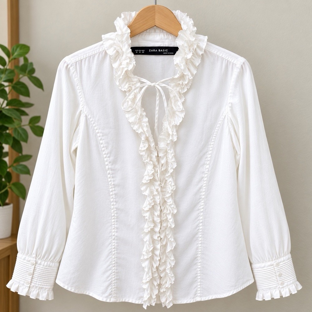 ZARA BASIC Women's White Solid Ruffle Tie Front Collared Long Sleeve Blouse M